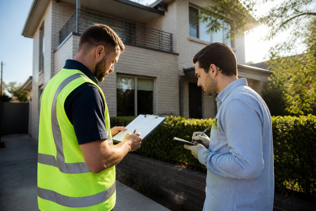 Property inspector and buyer reviewing a secure investment property during a building exterior inspection