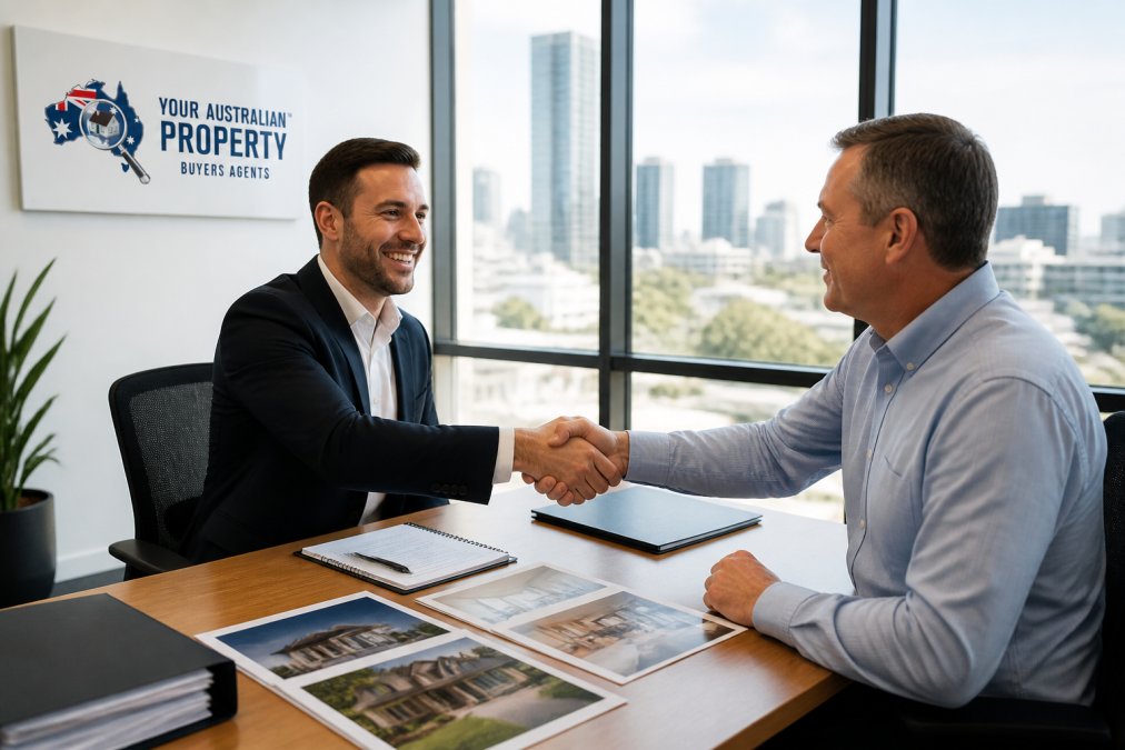 Professional buyer's agent and real estate agent shaking hands across a desk in a modern office, with property files and a laptop visible, natural office lighting through large windows