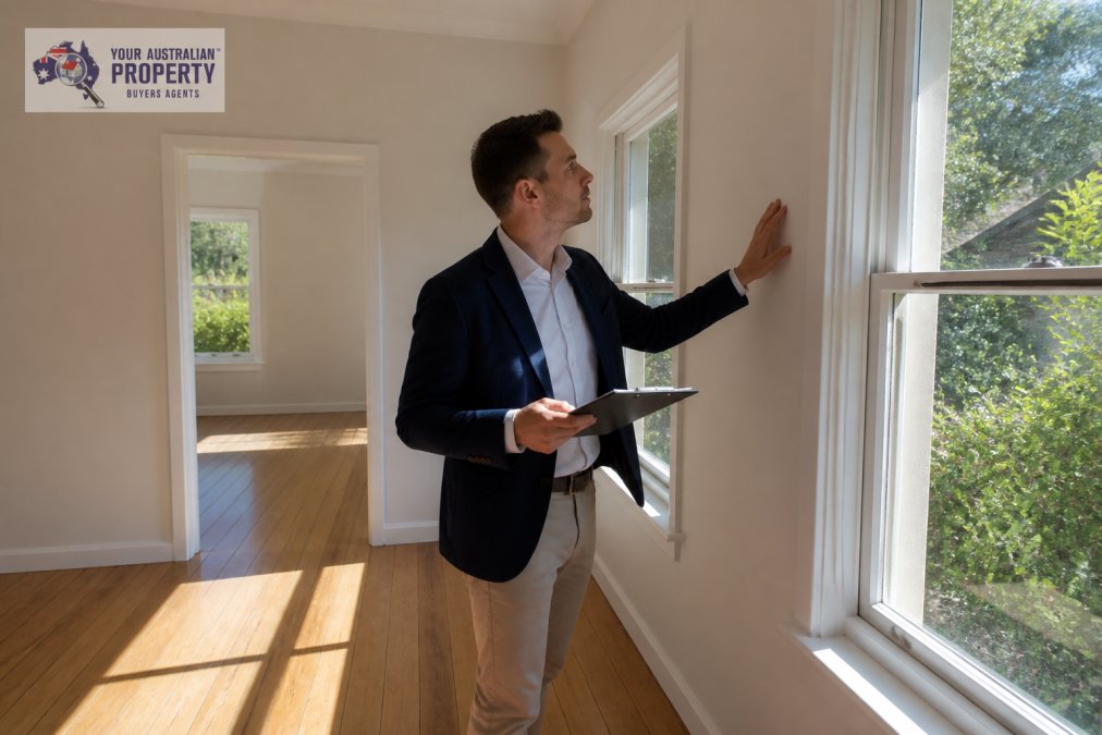 Buyer's agent conducting a property inspection, holding a tablet and taking notes while examining interior walls, windows, and flooring in a residential property with natural sunlight