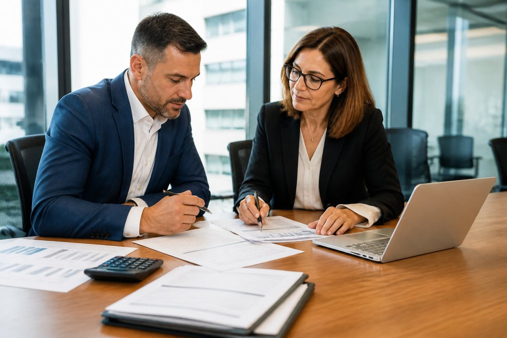 Financial advisor and business owner reviewing loan documents for an office space acquisition process flowchart