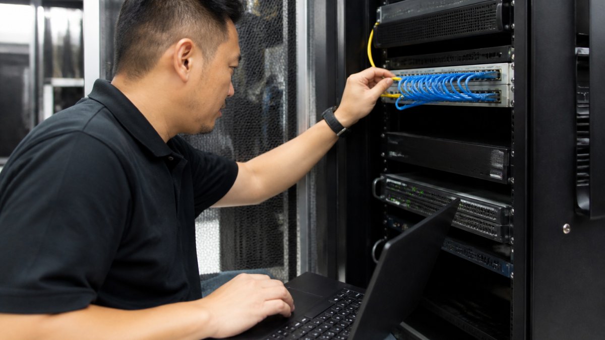 IT technician in a server room configuring a network switch with ethernet cables and a laptop showing network settings, office environment