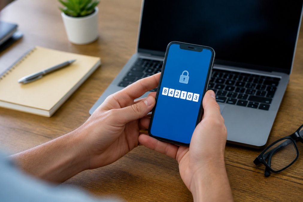 Close-up of hands holding a smartphone displaying a six-digit authentication code on the screen, with a laptop visible in the background on a desk