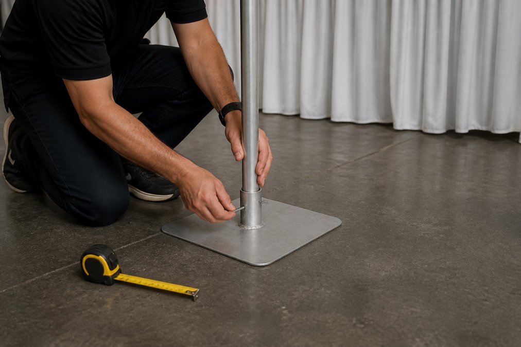 Professional technician positioning and securing a steel baseplate on level flooring, with upright pipe being inserted into the socket and pin being secured, showing proper alignment and measurement tape nearby