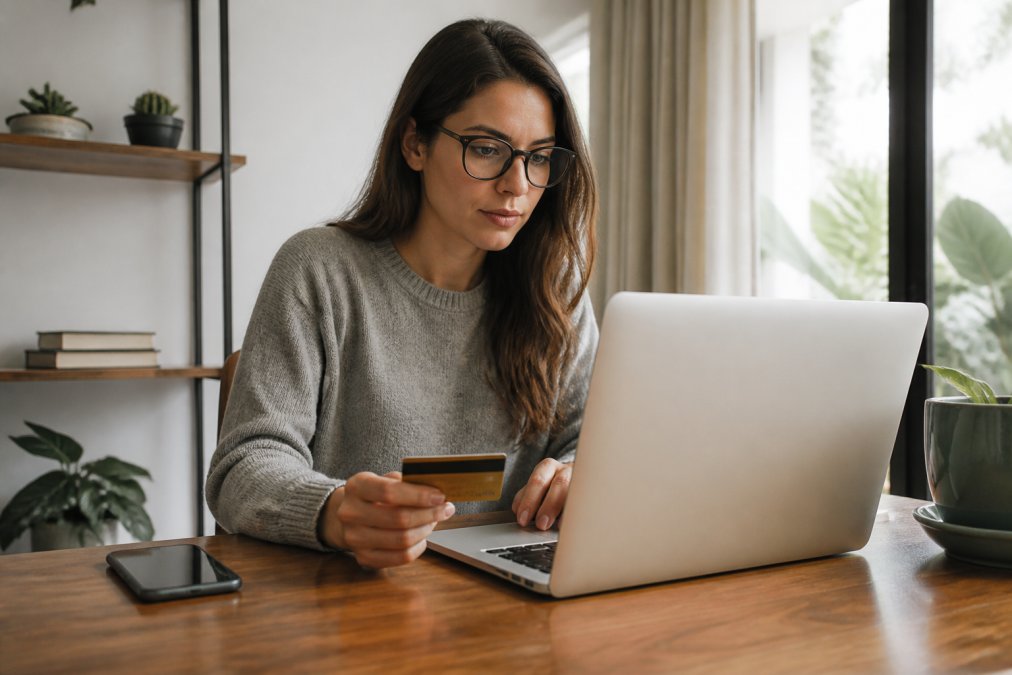 A person using a laptop to manage subscription payments, with a credit card and smartphone on a desk, in a bright home office setting