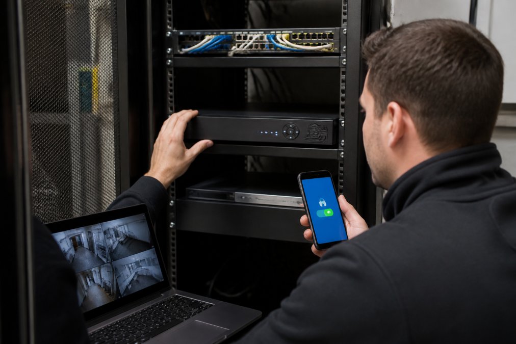 Technician configuring network video recorders for secure remote access via VPN and laptop monitoring tools