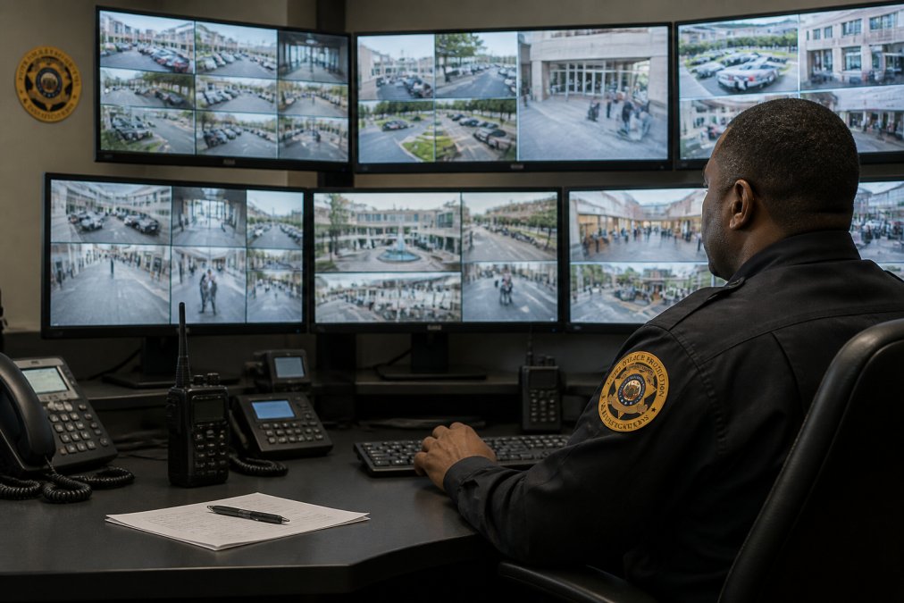 Security professional monitoring live surveillance feeds to learn how to secure retail shopping centers