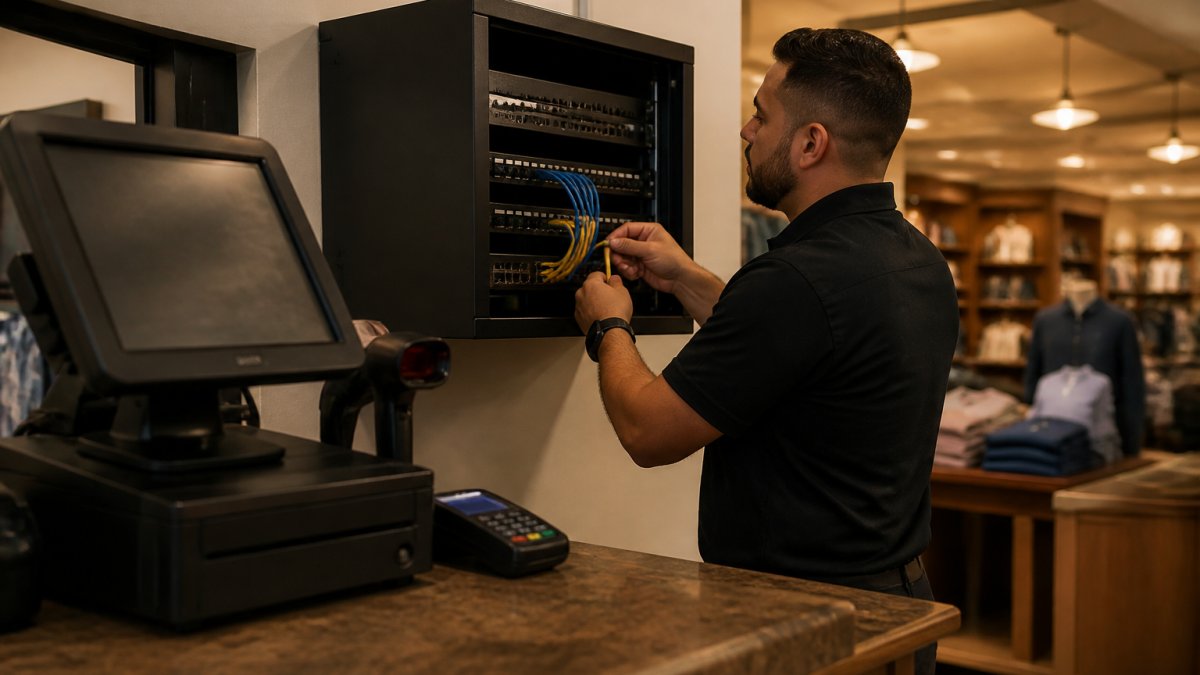 A network technician in a retail back office configuring a VLAN switch on a wall rack, a point-of-sale terminal glowing in the foreground, warm overhead lighting