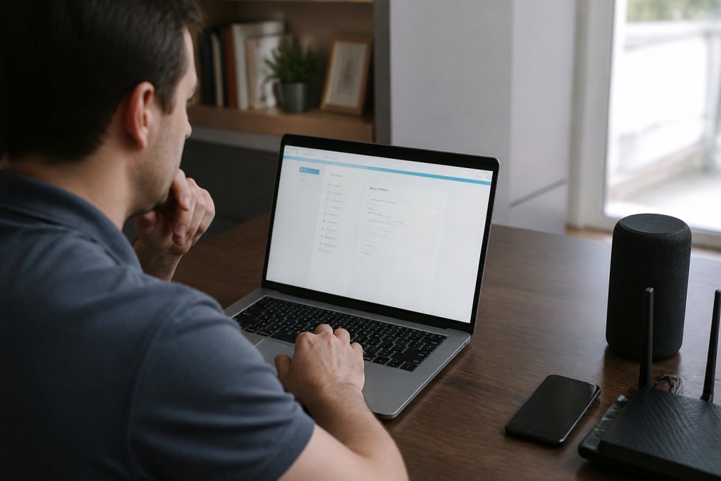 A person sitting at a home office desk, looking at a laptop screen showing a router settings page, with a smartphone and smart speaker nearby on the desk