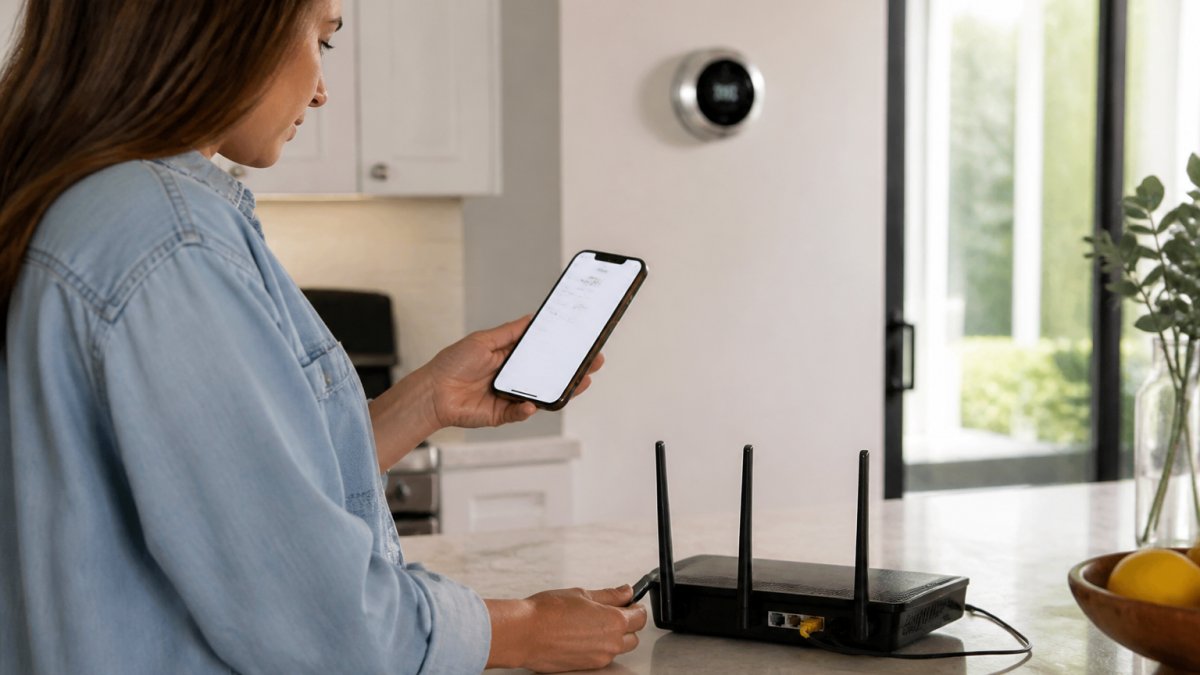 A homeowner at a kitchen counter checking a Wi-Fi router and smart thermostat app on a smartphone, with a wall-mounted thermostat visible in the background
