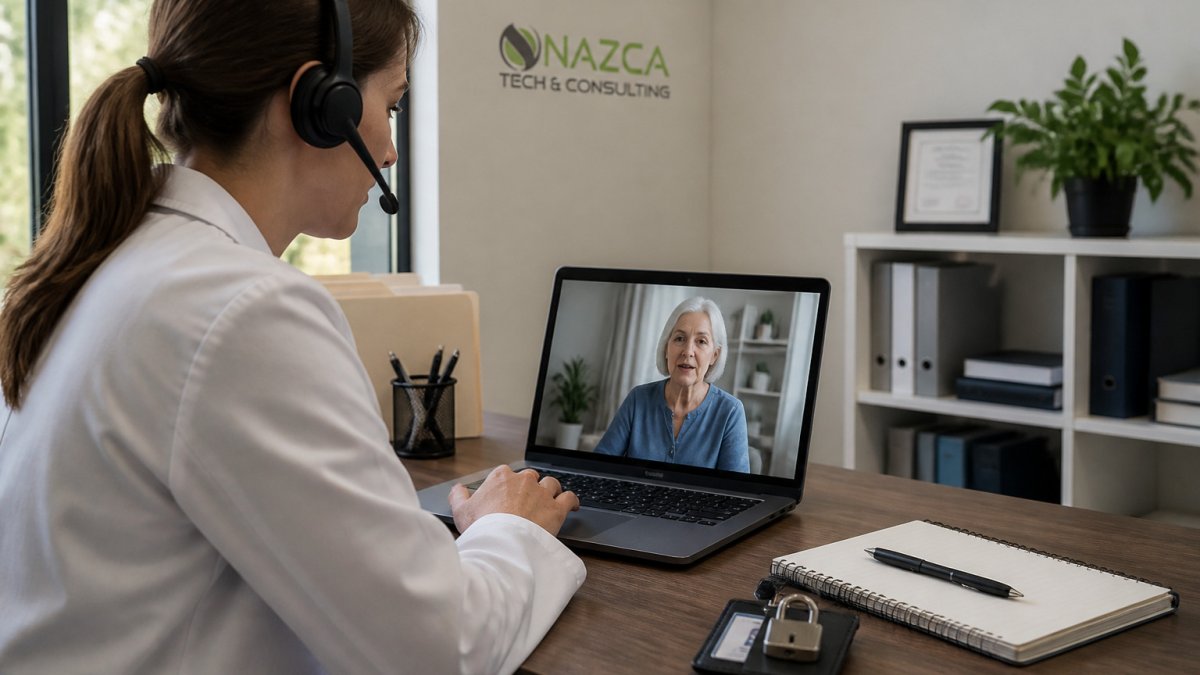 Clinician using a secure laptop for telehealth platforms in a medical office with a badge and notepad on the desk