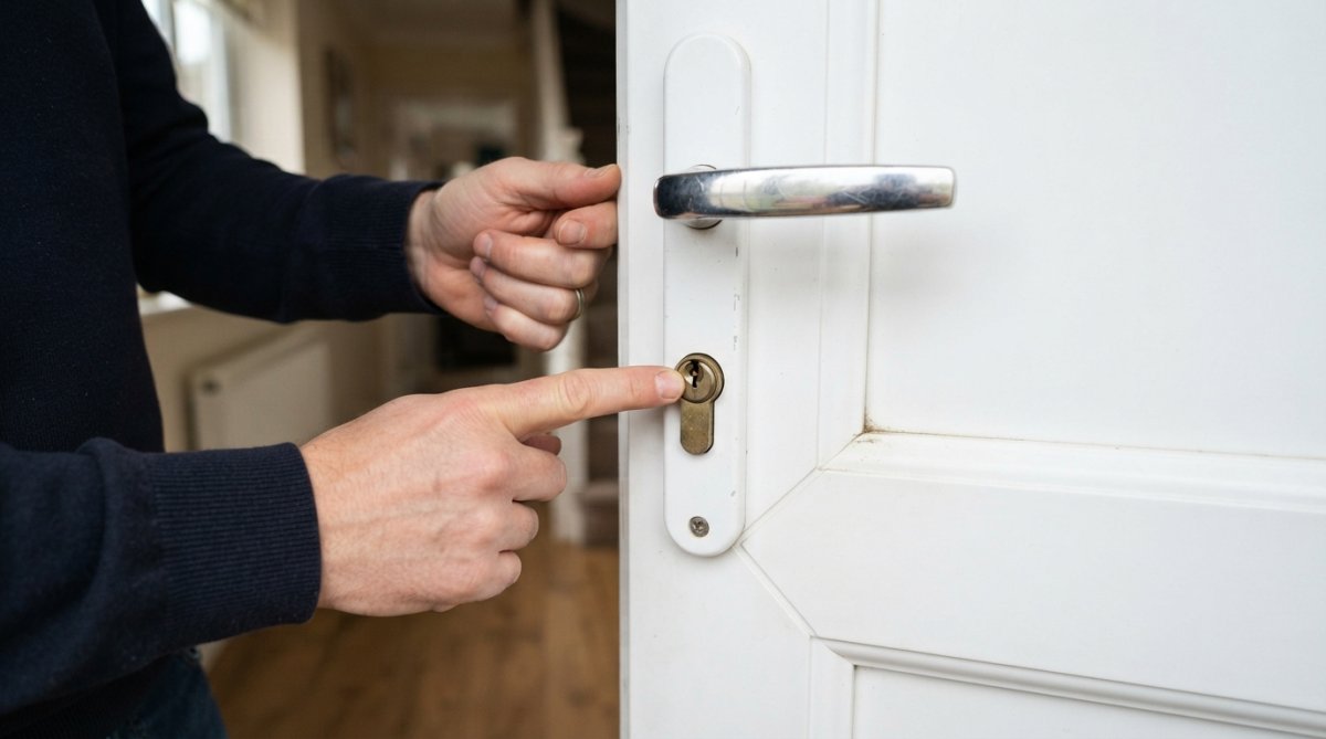 A homeowner's hands inspecting the locking mechanism and cylinder on a white uPVC door in natural daylight, close-up on the handle and keyhole