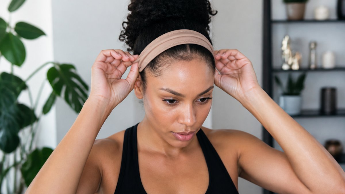 Woman demonstrating proper placement of wig grip band around hairline before exercise, securing it snugly with both hands in natural lighting