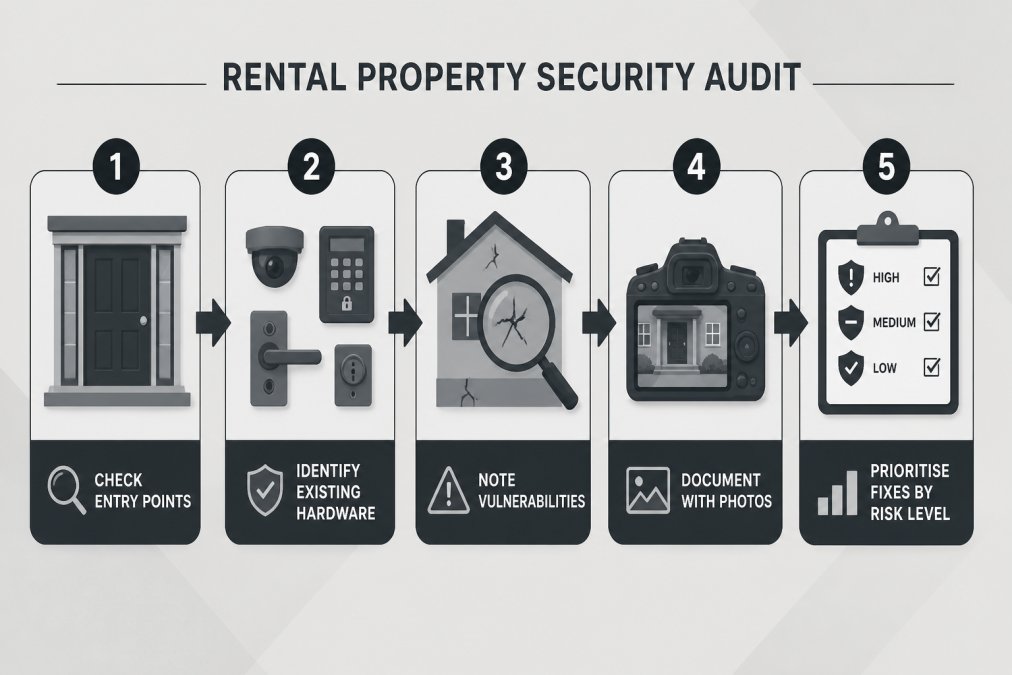 Flowchart showing a 5-step rental property security audit: 1) Check all entry points, 2) Identify existing security hardware, 3) Note vulnerabilities, 4) Document with photos, 5) Prioritise fixes by risk level