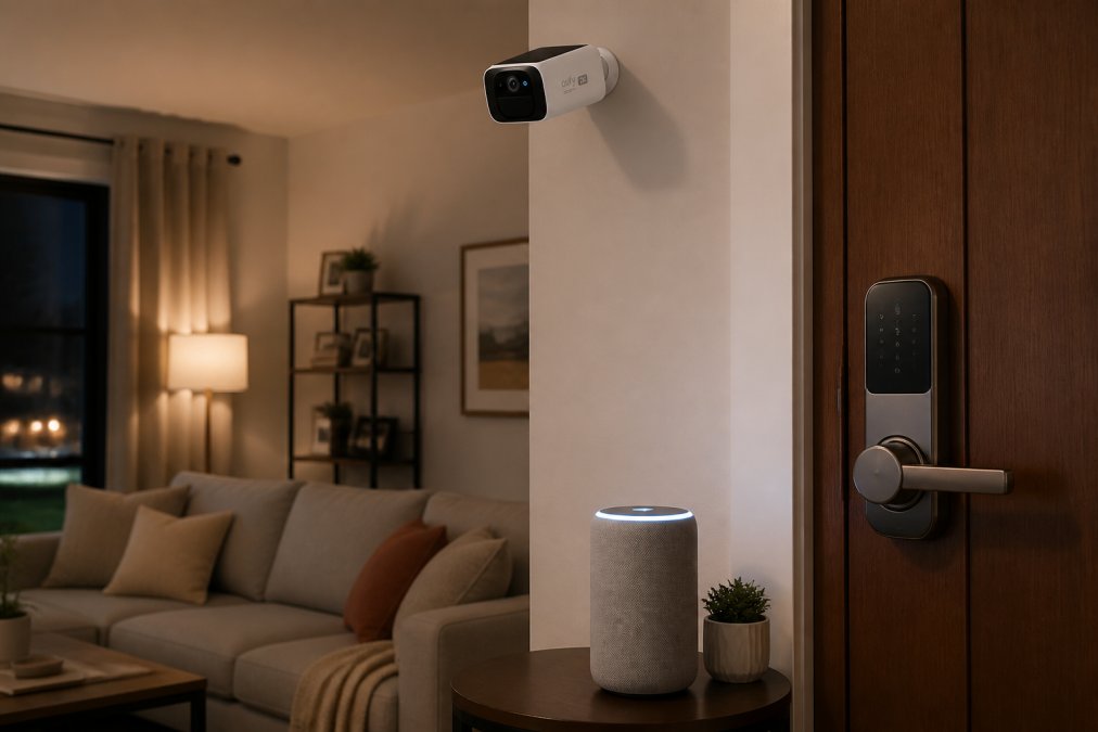 Modern living room with a smart security camera mounted near the ceiling, a smart speaker on a side table, and a smart lock visible on the front door, warm ambient lighting in the evening