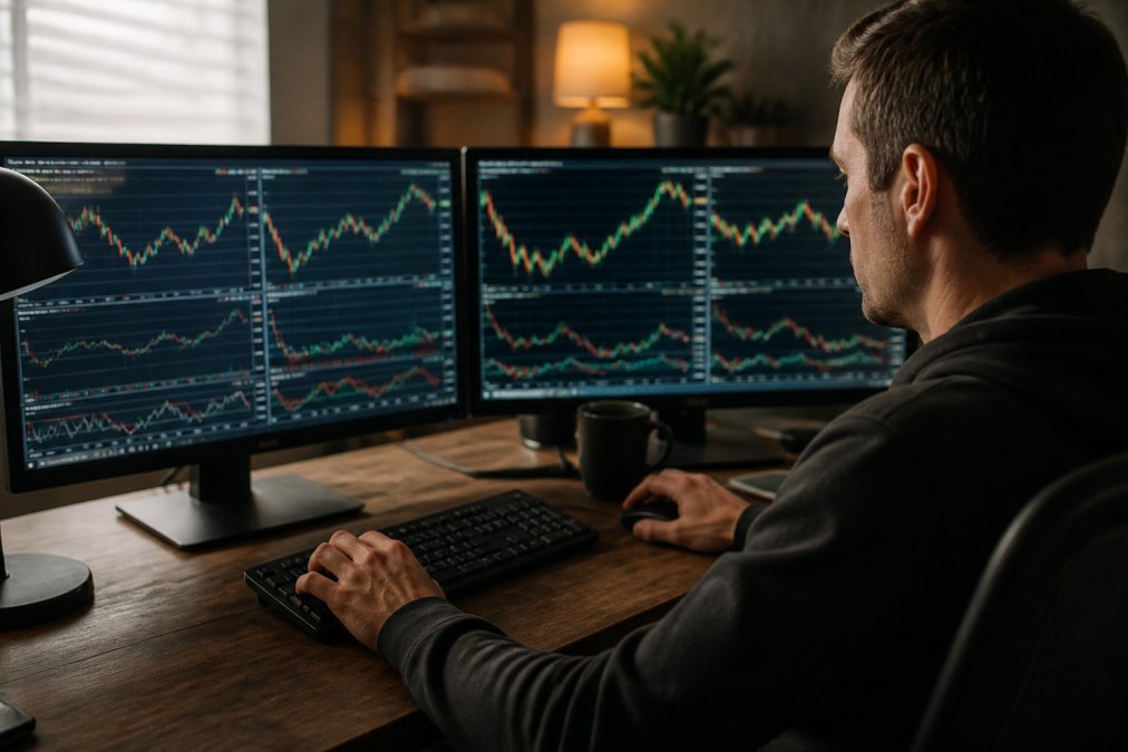 Close-up of a trader's hands on a keyboard with a trading terminal open on a dual-monitor setup, a security warning dialog box visible on one screen, dimly lit home office with charts in the background