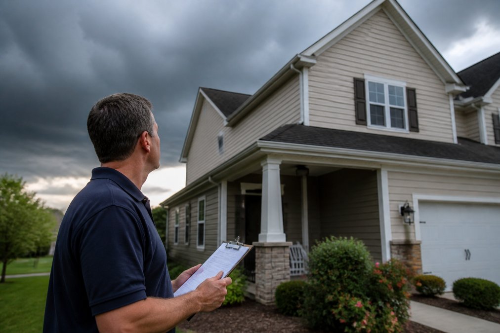 A homeowner in a suburban front yard looking up at their roof and siding while holding a clipboard, storm clouds gathering in the background, late afternoon light