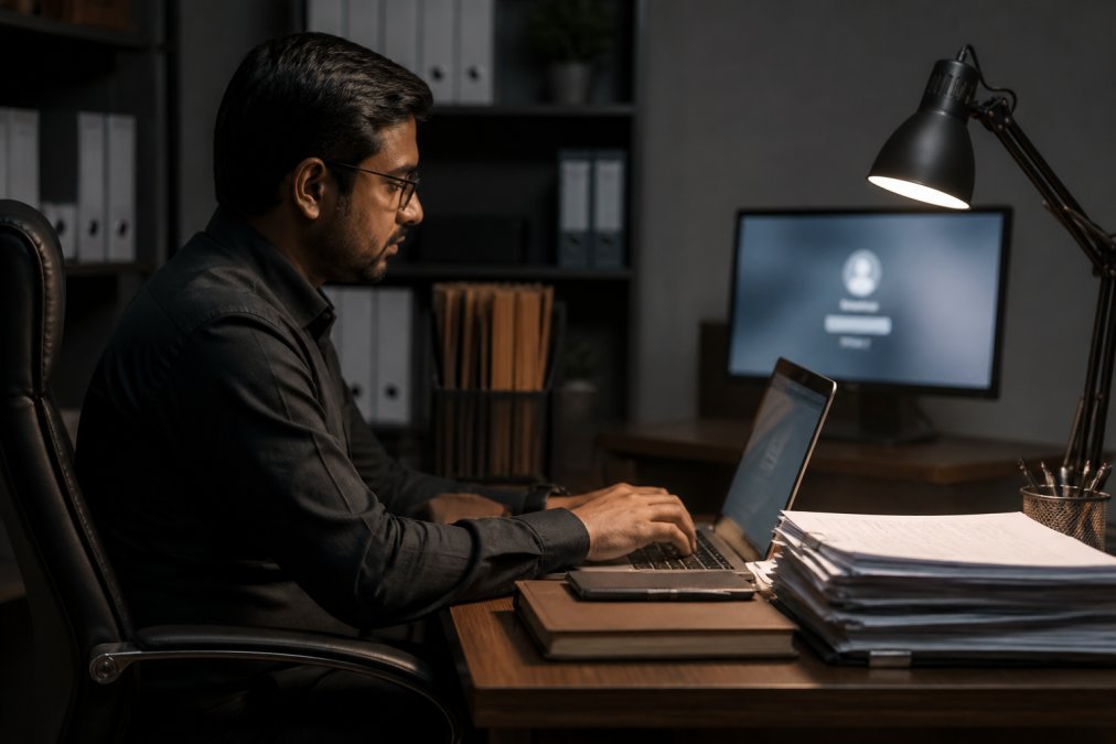 A database administrator reviewing permission settings on a laptop screen in a dimly lit office, with a second monitor showing a login prompt in the background