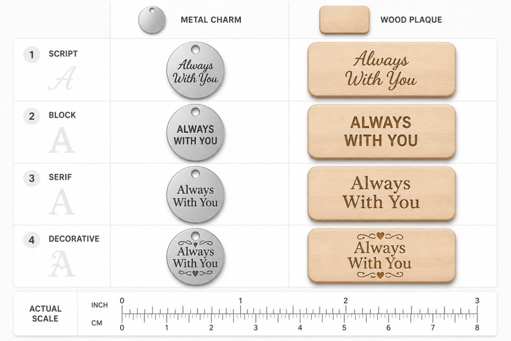 Side-by-side comparison of the same short phrase engraved in script, block, serif, and decorative fonts on a metal charm and a wood plaque, with a ruler showing actual scale