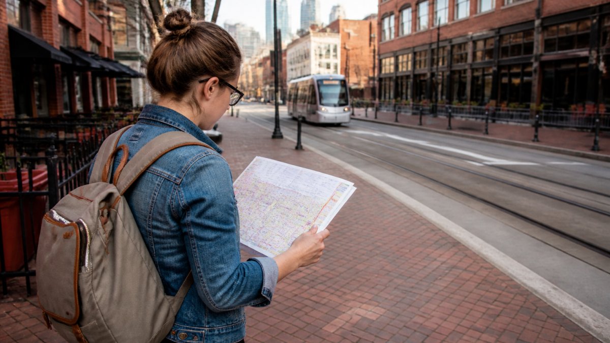 A traveler with a small daypack checking a paper map on a downtown sidewalk in the morning, brick buildings and a streetcar track in the background