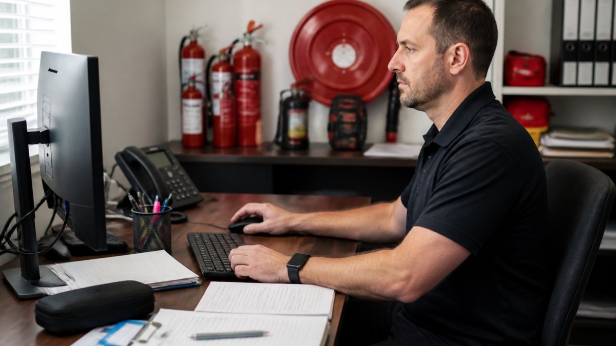 Property manager at desk reviewing QBCC license verification on computer screen with fire extinguisher and inspection documents visible in background