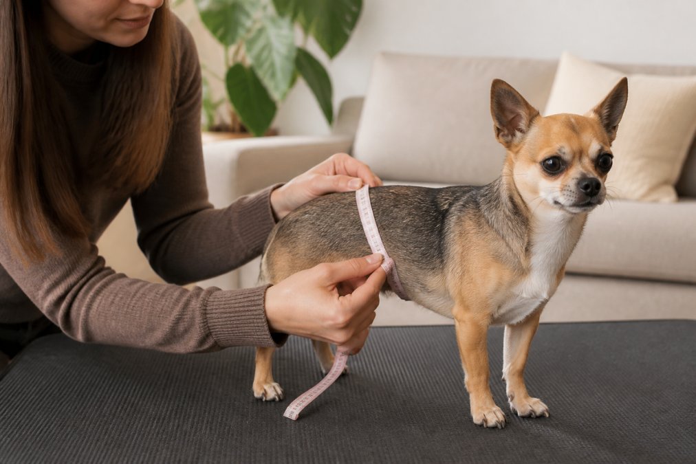 A person using a soft tape to measure a small dog's chest girth to help you learn how to select a comfortable harness.
