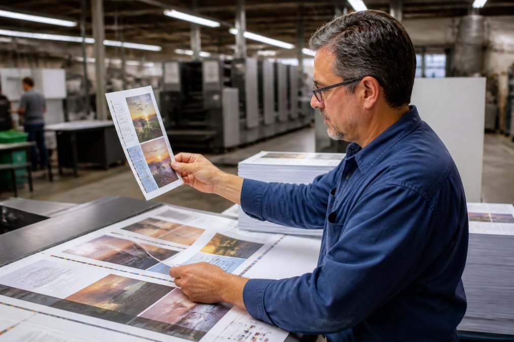Production manager comparing a color proof to printed collateral with a reliable commercial printing partner.