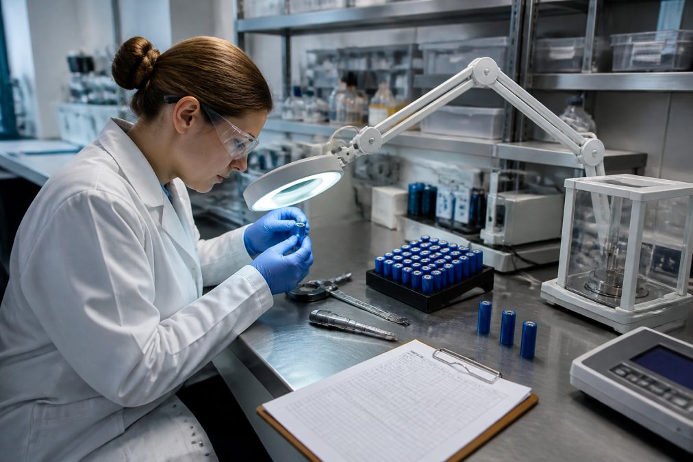 Quality assurance professional in white laboratory coat carefully inspecting medical battery cells under bright magnifying lamp, with testing equipment, calibration tools, and detailed documentation visible on the stainless steel workbench