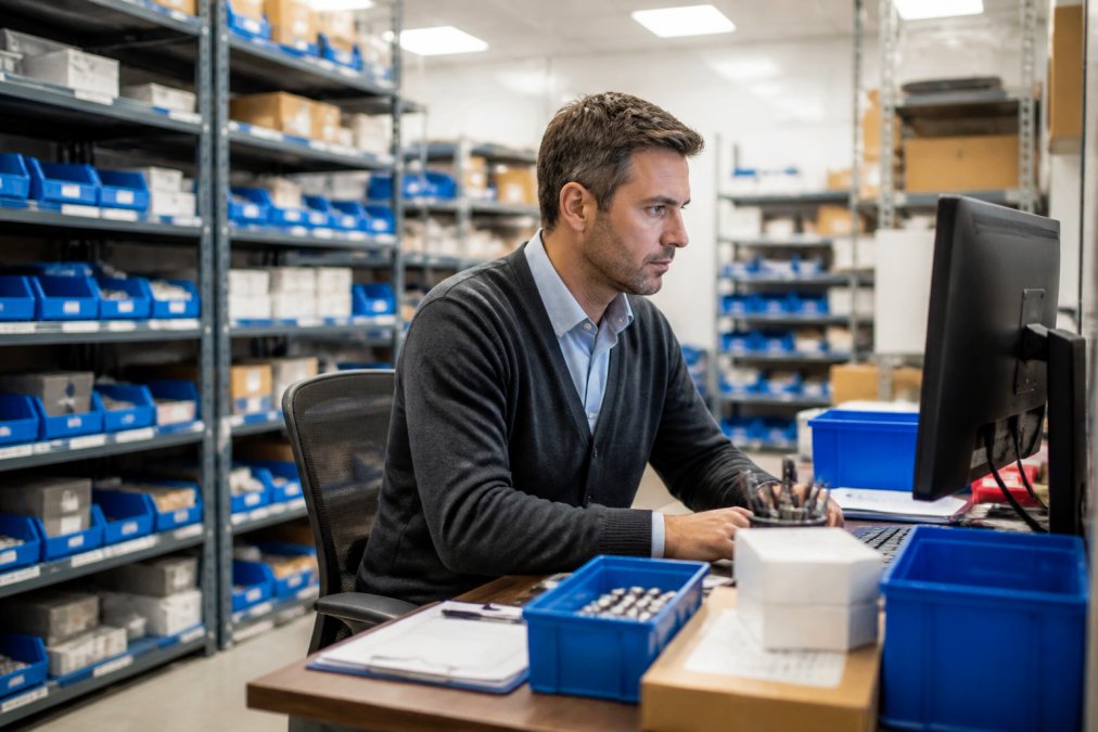 Supply chain manager in business casual attire reviewing battery inventory data on desktop computer monitor in organized warehouse, with rows of battery storage racks and organized shelving visible in background under bright fluorescent lighting