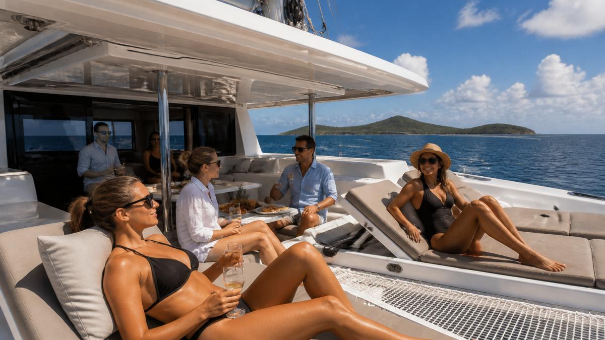 Vacationers relaxing on a spacious catamaran deck with panoramic ocean views and shaded seating areas