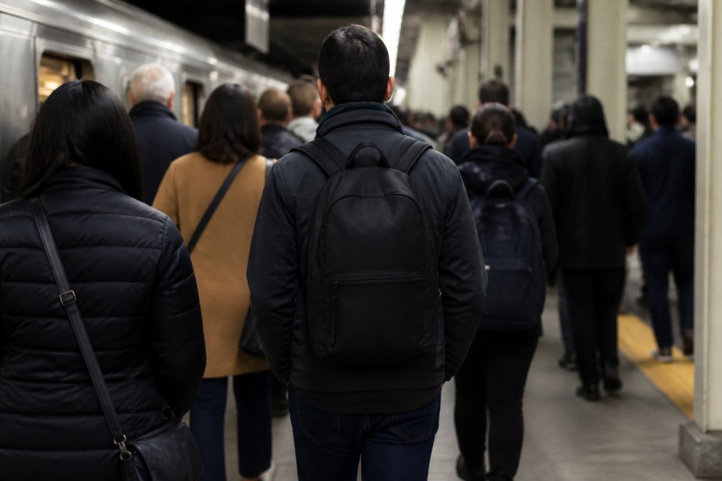 A person wearing a low-profile tactical bag while commuting through a crowded city train station.