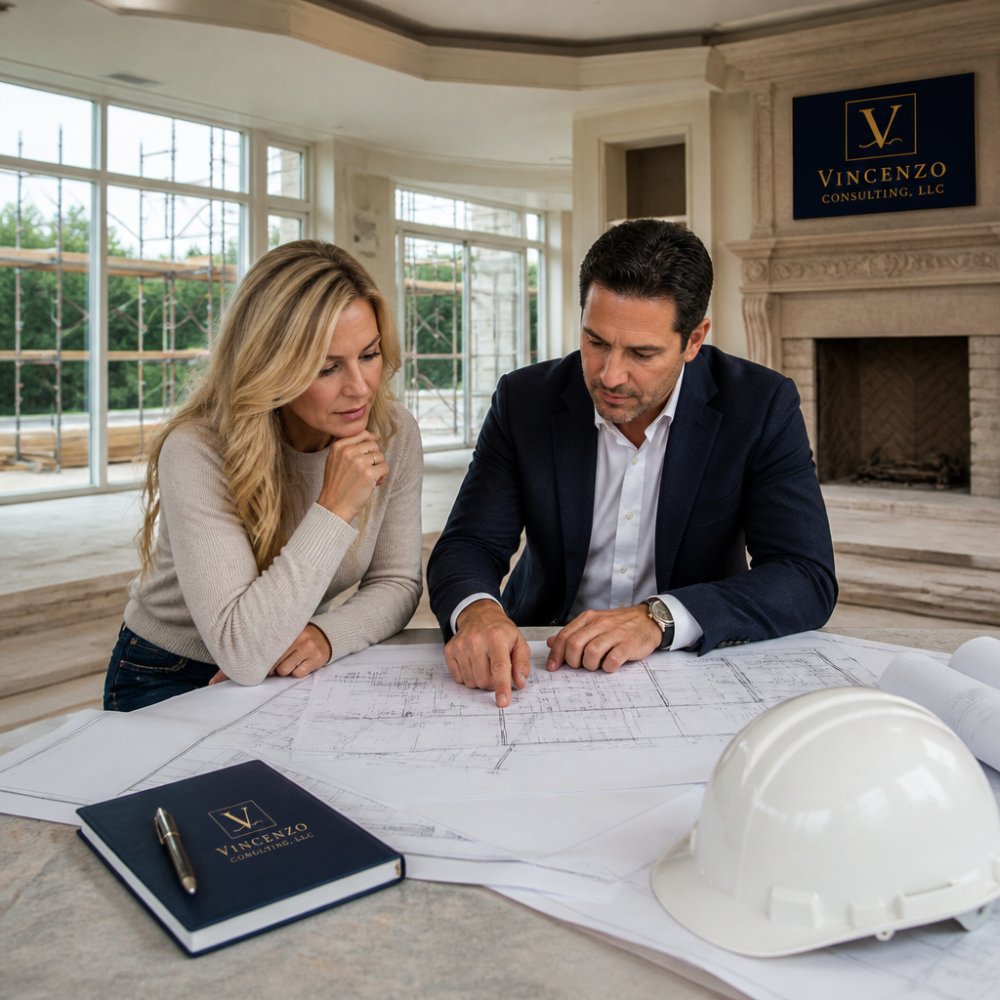 A homeowner and a construction consultant reviewing architectural blueprints at a table in a custom estate under construction, with a hard hat and notebook nearby