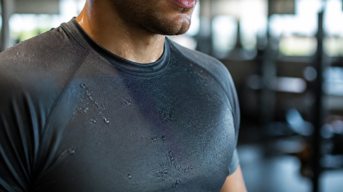 Close-up of moisture-wicking synthetic fabric during high-intensity interval training, showing sweat beading on surface rather than absorbing, bright gym lighting