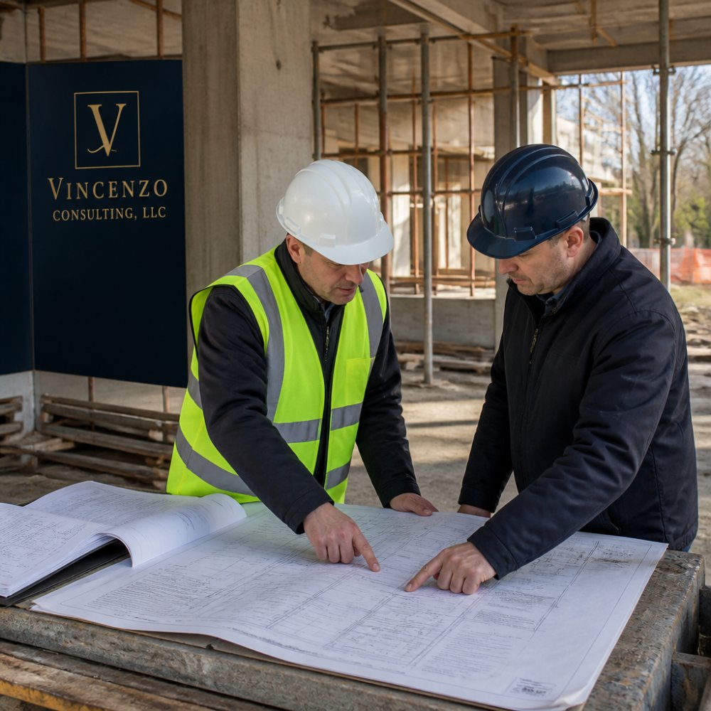 Professional construction oversight representative in hard hat and safety vest reviewing detailed project blueprints and documentation with general contractor on active construction site, both pointing to specific areas on plans