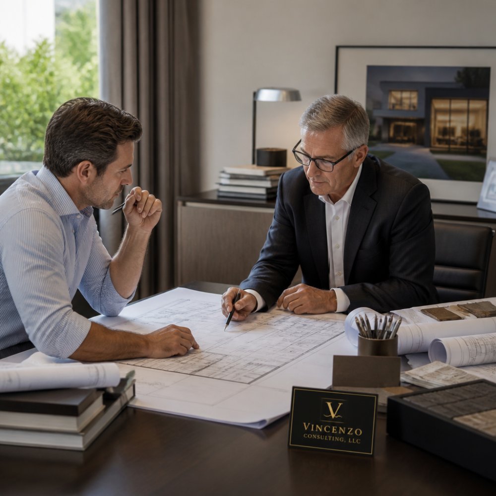 Owner meeting with construction oversight professional in modern office setting, both seated at desk reviewing detailed project plans, budgets, and technical documentation with natural office lighting