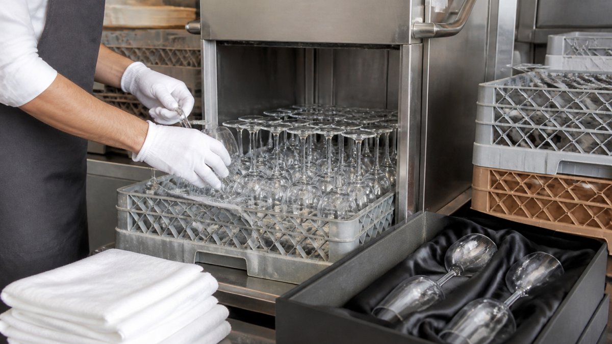 Close-up of gloved hands carefully racking polished wine glasses into a commercial glasswasher in a busy catering kitchen, with clean white cloths and stacked crates nearby