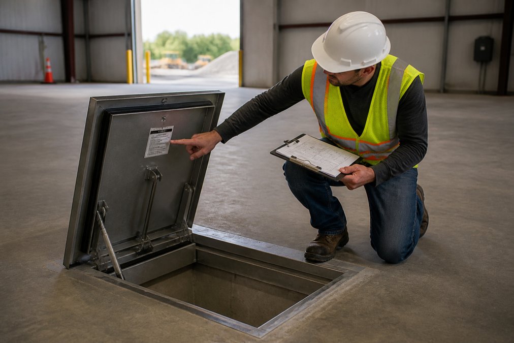 Construction worker inspecting the load rating label of installed floor doors in a concrete warehouse floor