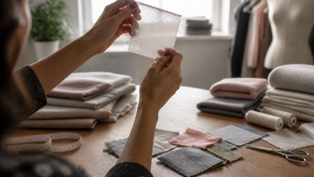 Hands holding a fabric swatch against a bright window to inspect the weave density and light transparency