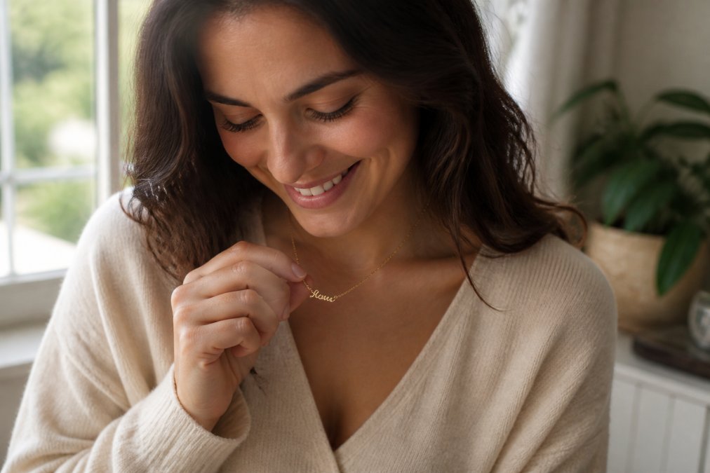Woman wearing a personalized name necklace, smiling while looking down at the pendant with soft natural lighting highlighting the jewelry detail and craftsmanship