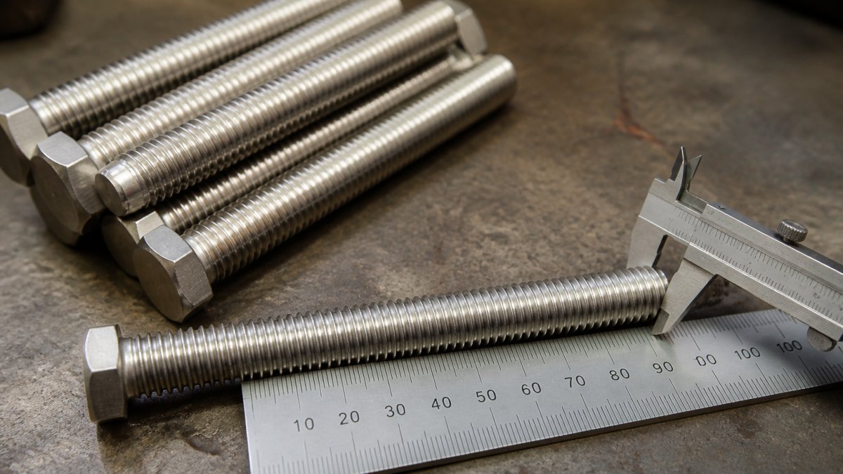 Diagram showing the 16mm diameter and 200mm thread length of M16 stainless bolts on a workbench ruler.