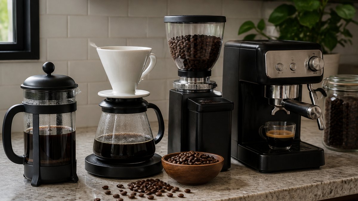 Close-up of a kitchen counter displaying various coffee brewing equipment including a French press, pour-over cone, burr grinder, and a small espresso machine with fresh coffee beans scattered nearby