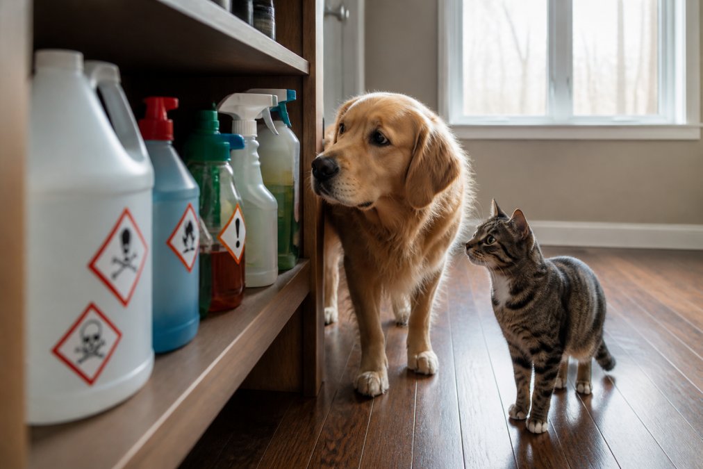Close-up of various commercial cleaning product bottles with warning labels on a shelf, with a curious dog and cat nearby observing from a hardwood floor, natural window lighting