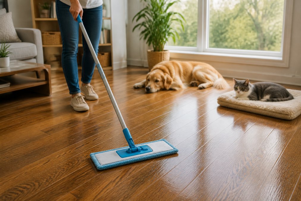 Person using a microfiber mop with proper technique on hardwood flooring, demonstrating the damp mopping motion while a dog and cat rest safely nearby in background, natural daylight from windows