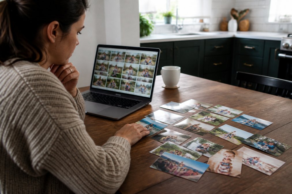 A parent sitting at a kitchen table with a laptop open to a photo library, small printed photos spread out beside the keyboard for comparison