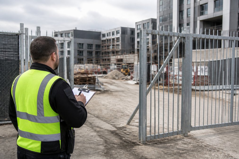 Professional security officer in high-visibility vest conducting site inspection, examining perimeter fencing and metal gates at construction site entrance with buildings and equipment visible in background