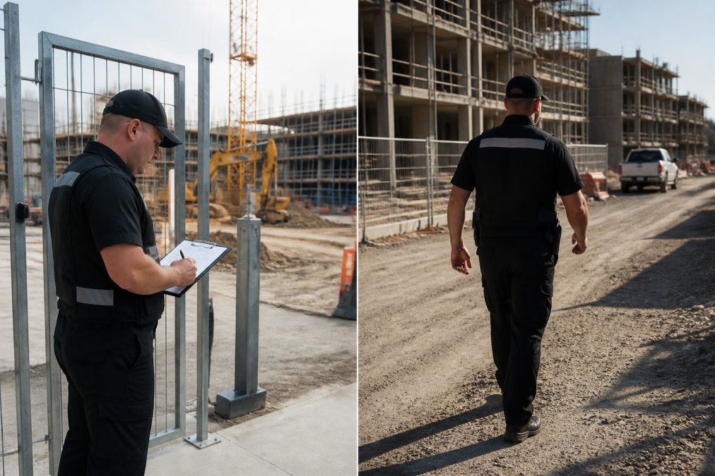 Licensed security guard in dark uniform standing at construction site entrance gate during daylight, monitoring clipboard with visitor log, buildings and heavy equipment visible in background