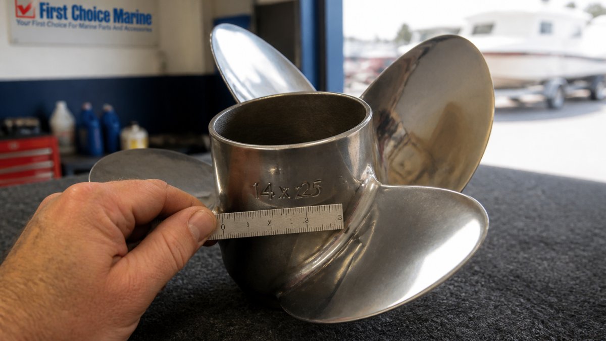 Close-up of a boat propeller hub showing engraved diameter and pitch numbers (14 x 25) with measurement markings visible, professional marine workshop setting with natural light