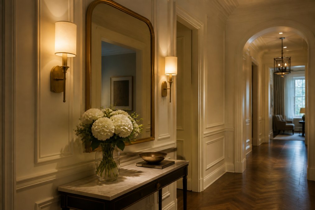 A luxurious hallway with a pair of brass wall sconces flanking a large mirror, casting a warm glow on a console table with fresh flowers and a decorative bowl