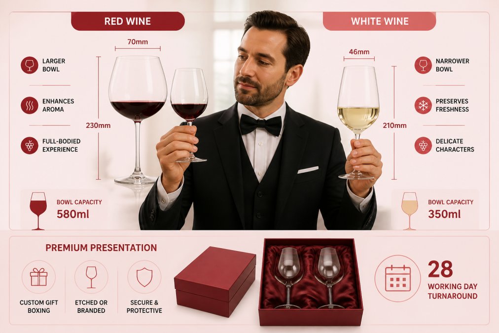 Professional sommelier comparing red wine glass with larger bowl shape and white wine glass with narrower bowl side by side, holding each to demonstrate the structural difference in natural light