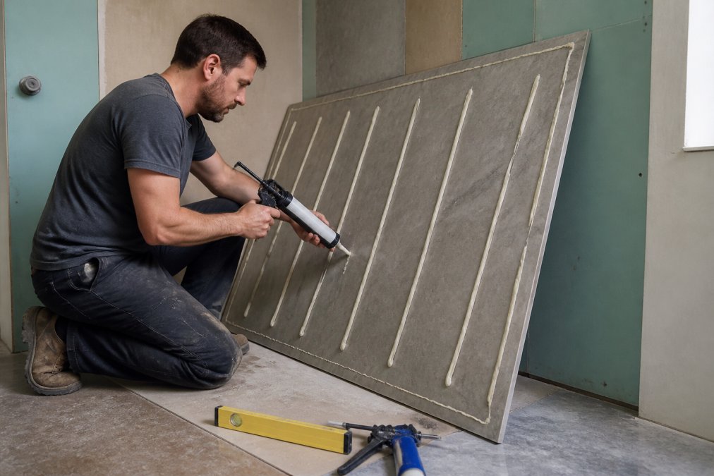 A homeowner in work clothes applying adhesive to the back of a large grey marble-effect wall panel in a partially renovated bathroom, with a spirit level and silicone gun resting on the floor nearby