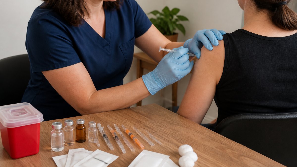 Healthcare provider demonstrating how to self administer B12 injections into the deltoid muscle.